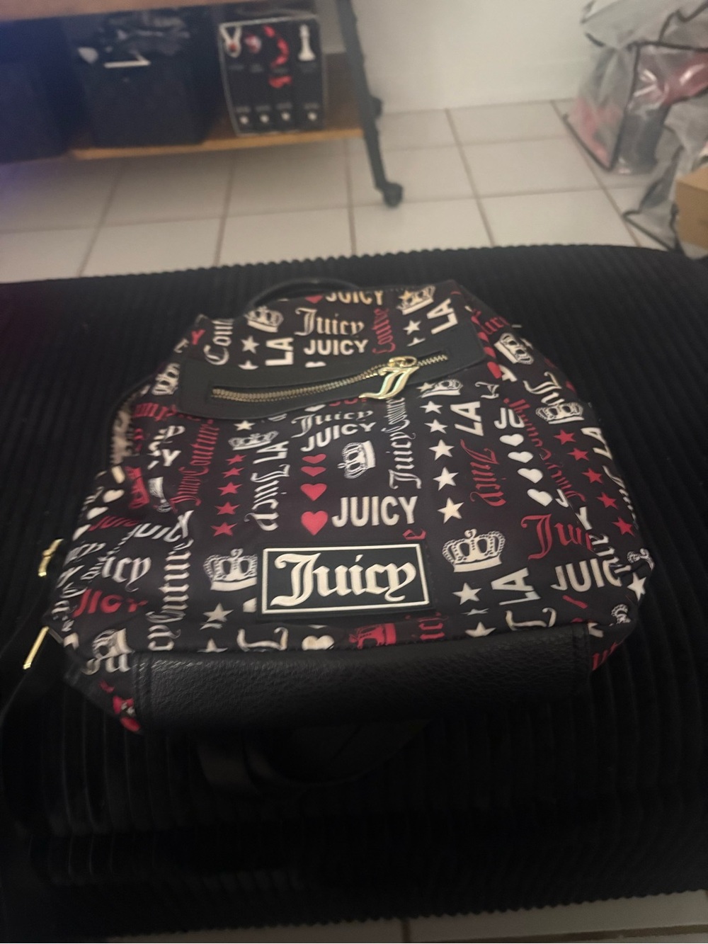 Juicy Couture Black Backpack with Red and White Logo Print